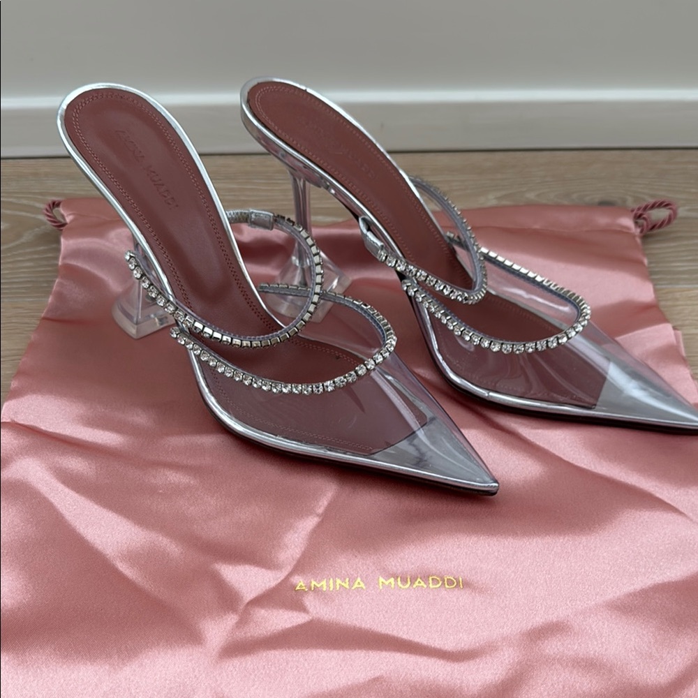 Amina Muaddi Silver Crystal-Embellished Heels